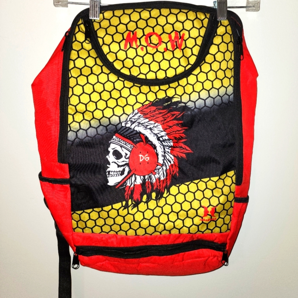 Red and Yellow Backpack with Skull Design